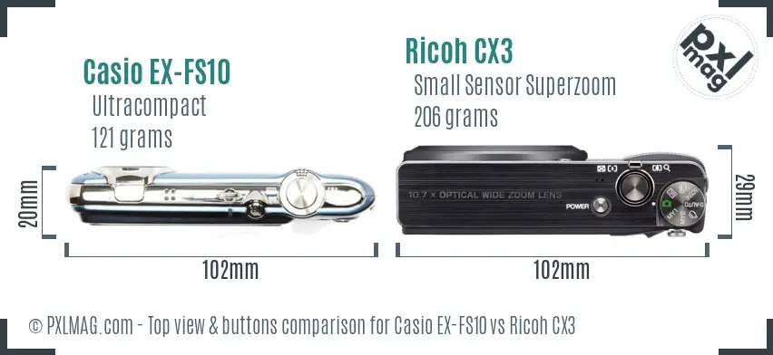 Casio EX-FS10 vs Ricoh CX3 top view buttons comparison