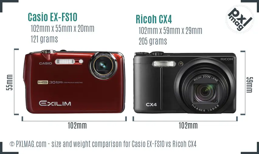 Casio EX-FS10 vs Ricoh CX4 size comparison