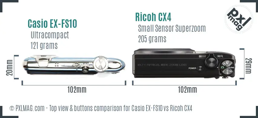 Casio EX-FS10 vs Ricoh CX4 top view buttons comparison