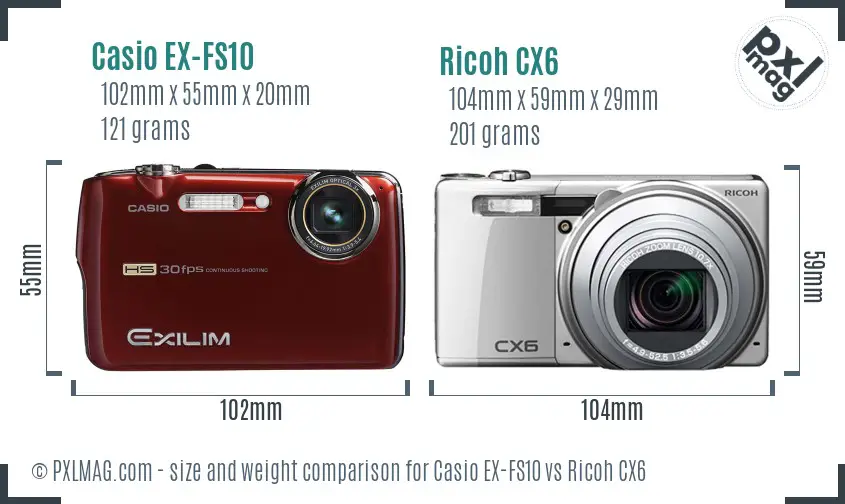 Casio EX-FS10 vs Ricoh CX6 size comparison Casio EX-FS10 vs Ricoh CX6 size comparison