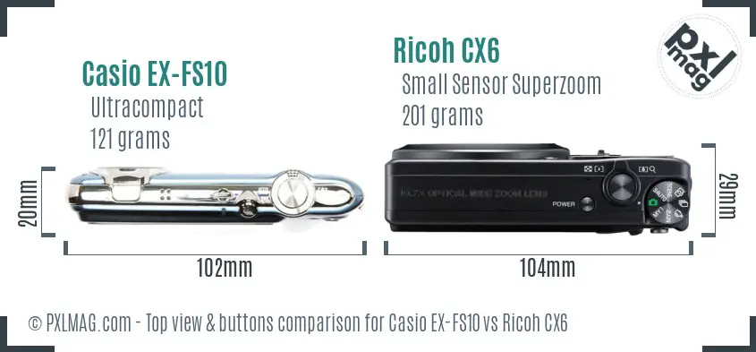 Casio EX-FS10 vs Ricoh CX6 top view buttons comparison