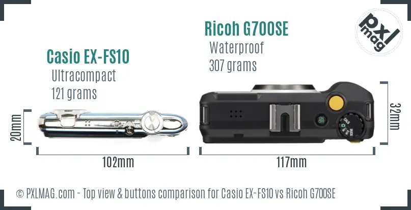 Casio EX-FS10 vs Ricoh G700SE top view buttons comparison