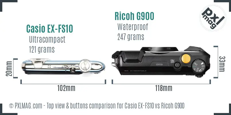 Casio EX-FS10 vs Ricoh G900 top view buttons comparison