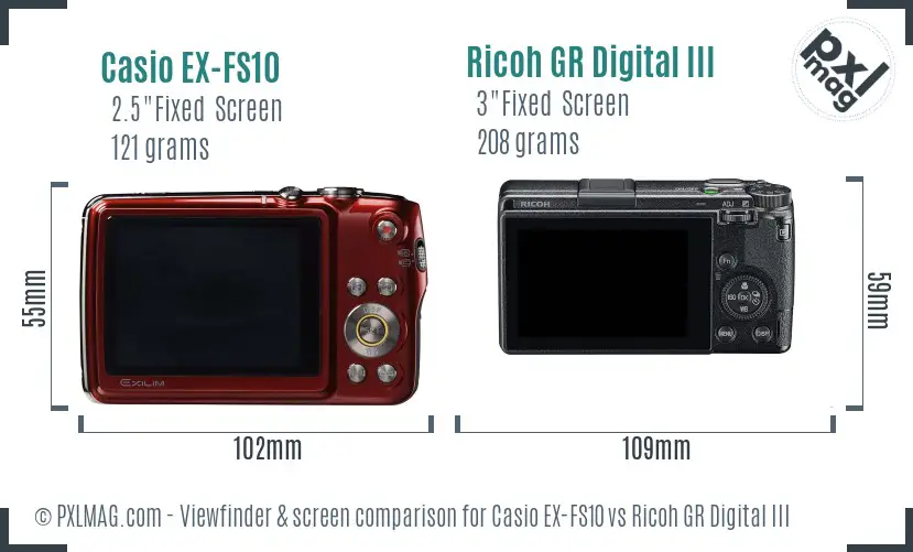 Casio EX-FS10 vs Ricoh GR Digital III Screen and Viewfinder comparison