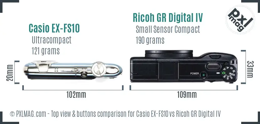 Casio EX-FS10 vs Ricoh GR Digital IV top view buttons comparison Casio EX-FS10 vs Ricoh GR Digital IV top view buttons comparison
