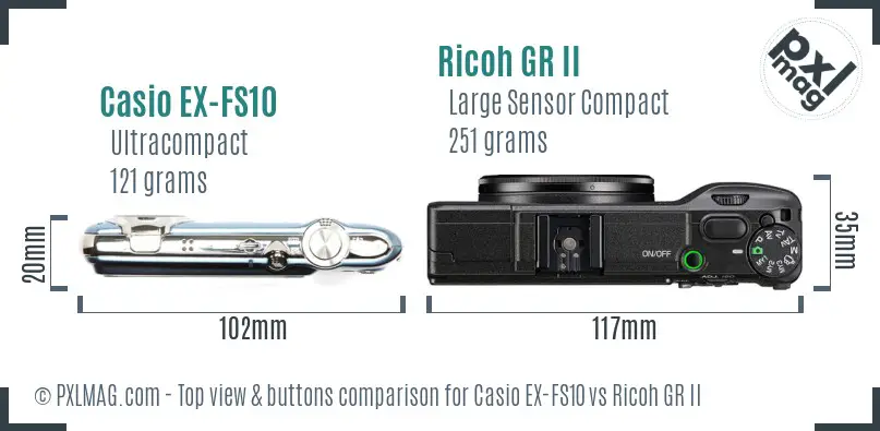 Casio EX-FS10 vs Ricoh GR II top view buttons comparison Casio EX-FS10 vs Ricoh GR II top view buttons comparison