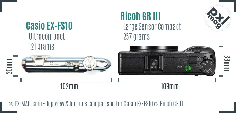 Casio EX-FS10 vs Ricoh GR III top view buttons comparison