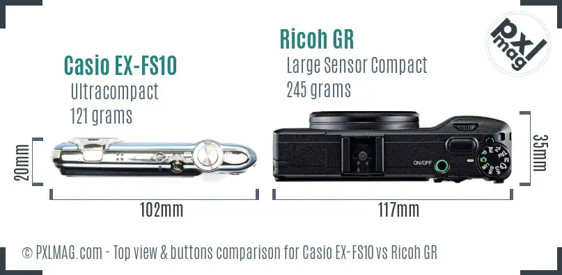 Casio EX-FS10 vs Ricoh GR top view buttons comparison