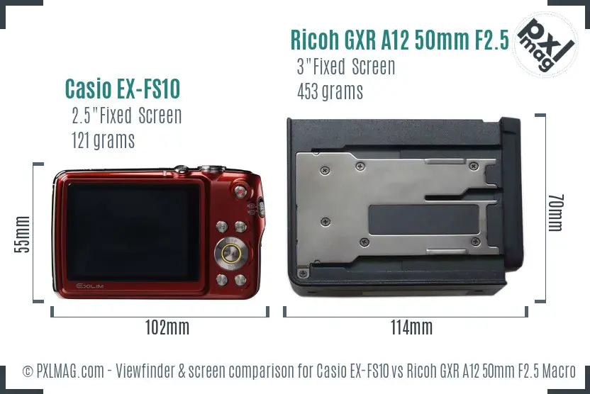 Casio EX-FS10 vs Ricoh GXR A12 50mm F2.5 Macro Screen and Viewfinder comparison