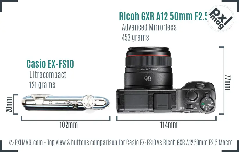 Casio EX-FS10 vs Ricoh GXR A12 50mm F2.5 Macro top view buttons comparison