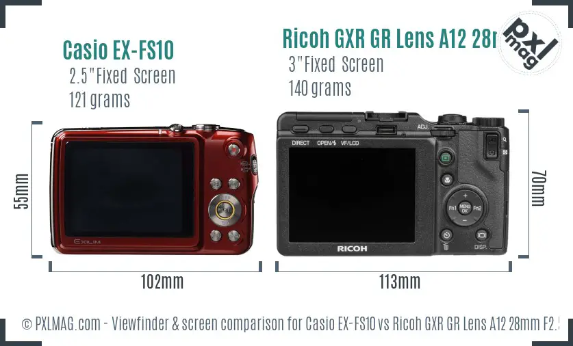 Casio EX-FS10 vs Ricoh GXR GR Lens A12 28mm F2.5 Screen and Viewfinder comparison