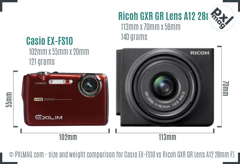 Casio EX-FS10 vs Ricoh GXR GR Lens A12 28mm F2.5 size comparison