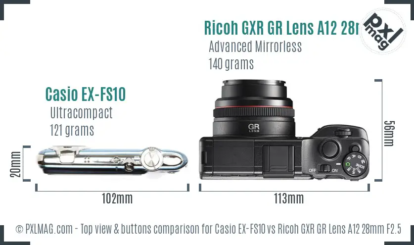 Casio EX-FS10 vs Ricoh GXR GR Lens A12 28mm F2.5 top view buttons comparison