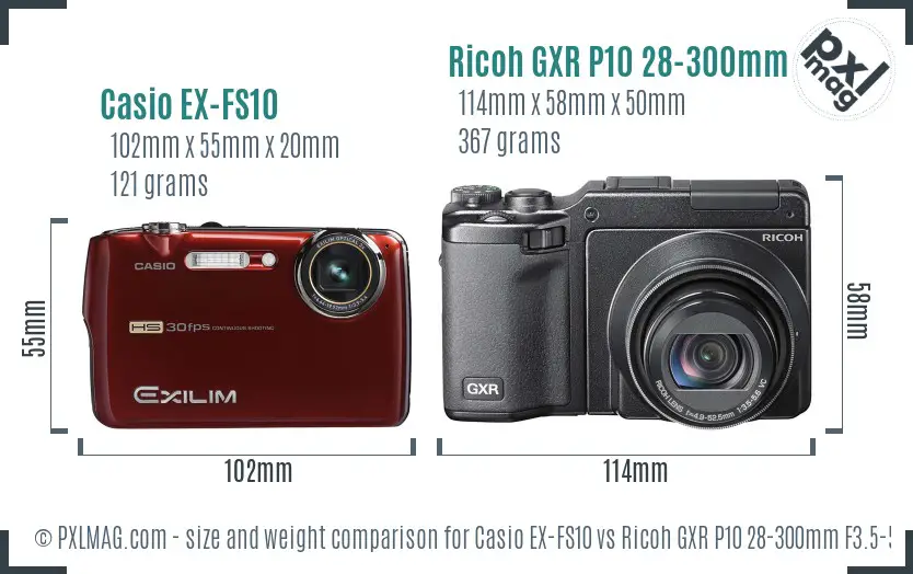 Casio EX-FS10 vs Ricoh GXR P10 28-300mm F3.5-5.6 VC size comparison