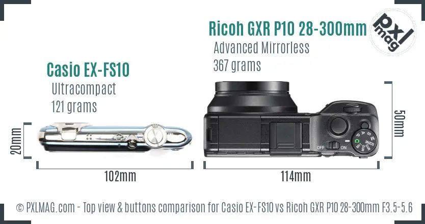 Casio EX-FS10 vs Ricoh GXR P10 28-300mm F3.5-5.6 VC top view buttons comparison