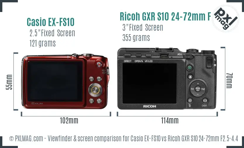 Casio EX-FS10 vs Ricoh GXR S10 24-72mm F2.5-4.4 VC Screen and Viewfinder comparison