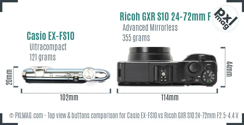Casio EX-FS10 vs Ricoh GXR S10 24-72mm F2.5-4.4 VC top view buttons comparison