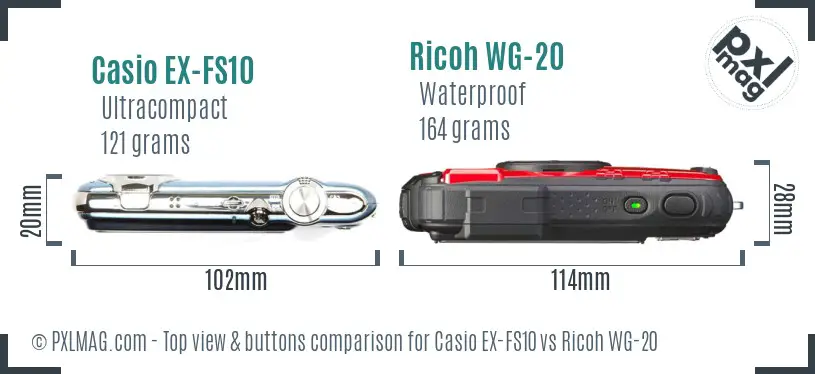 Casio EX-FS10 vs Ricoh WG-20 top view buttons comparison Casio EX-FS10 vs Ricoh WG-20 top view buttons comparison