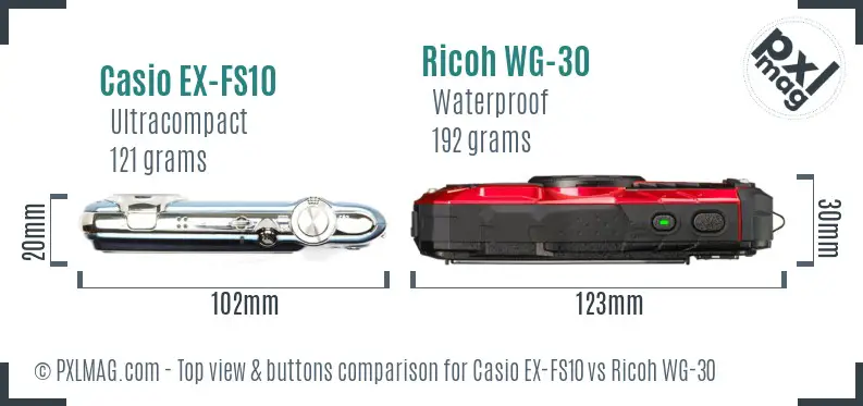 Casio EX-FS10 vs Ricoh WG-30 top view buttons comparison Casio EX-FS10 vs Ricoh WG-30 top view buttons comparison