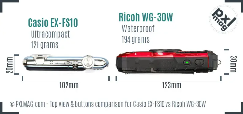 Casio EX-FS10 vs Ricoh WG-30W top view buttons comparison