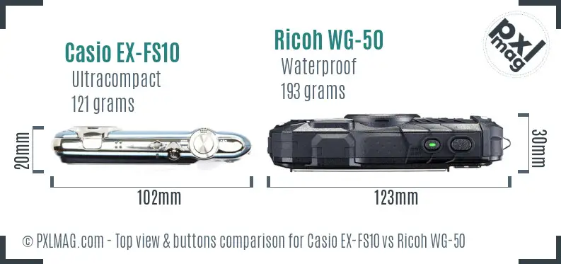 Casio EX-FS10 vs Ricoh WG-50 top view buttons comparison