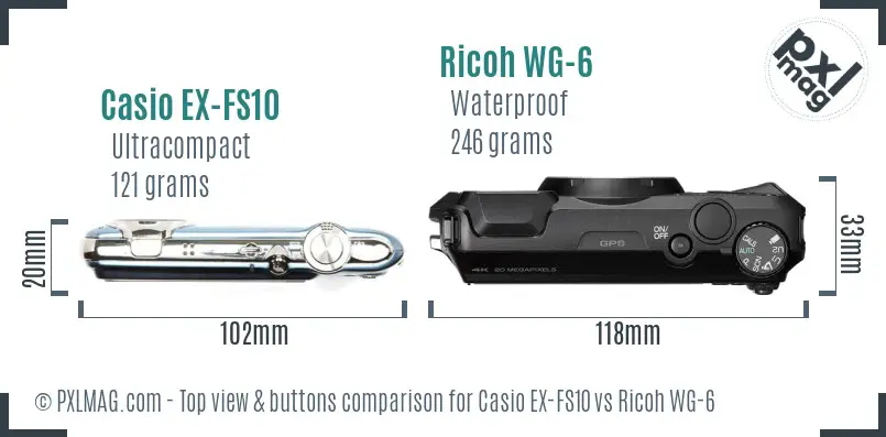 Casio EX-FS10 vs Ricoh WG-6 top view buttons comparison