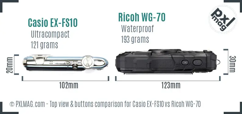 Casio EX-FS10 vs Ricoh WG-70 top view buttons comparison