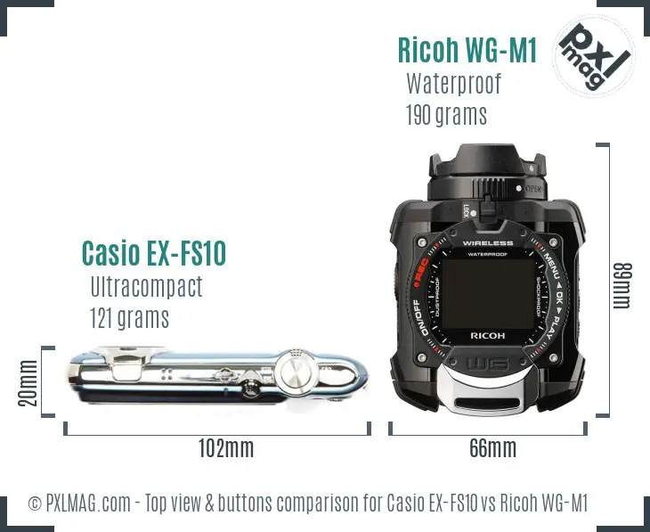 Casio EX-FS10 vs Ricoh WG-M1 top view buttons comparison Casio EX-FS10 vs Ricoh WG-M1 top view buttons comparison