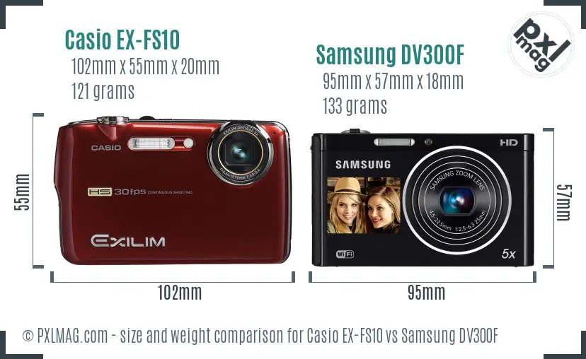 Casio EX-FS10 vs Samsung DV300F size comparison