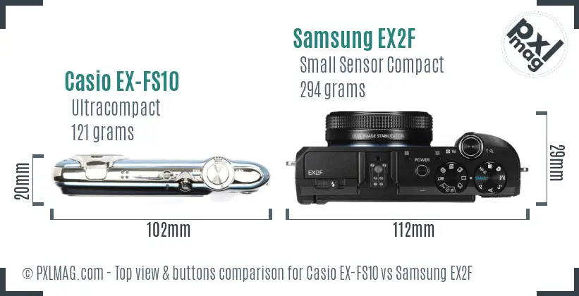 Casio EX-FS10 vs Samsung EX2F top view buttons comparison Casio EX-FS10 vs Samsung EX2F top view buttons comparison