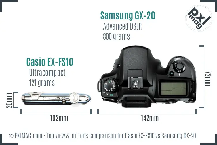 Casio EX-FS10 vs Samsung GX-20 top view buttons comparison Casio EX-FS10 vs Samsung GX-20 top view buttons comparison
