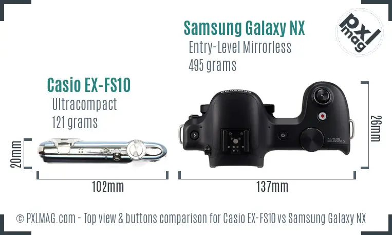 Casio EX-FS10 vs Samsung Galaxy NX top view buttons comparison