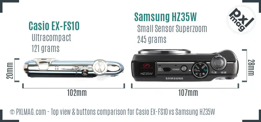 Casio EX-FS10 vs Samsung HZ35W top view buttons comparison Casio EX-FS10 vs Samsung HZ35W top view buttons comparison