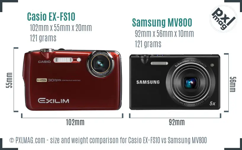 Casio EX-FS10 vs Samsung MV800 size comparison