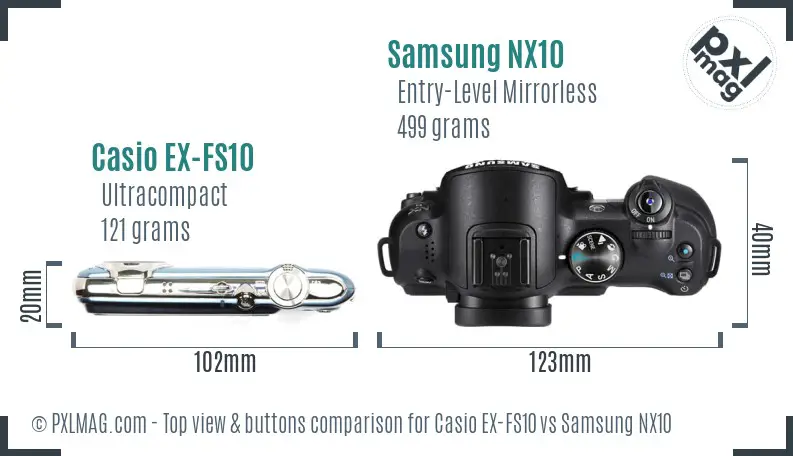 Casio EX-FS10 vs Samsung NX10 top view buttons comparison