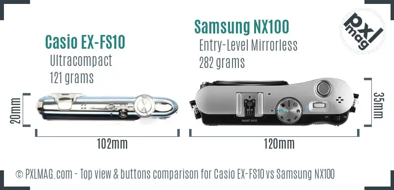 Casio EX-FS10 vs Samsung NX100 top view buttons comparison Casio EX-FS10 vs Samsung NX100 top view buttons comparison