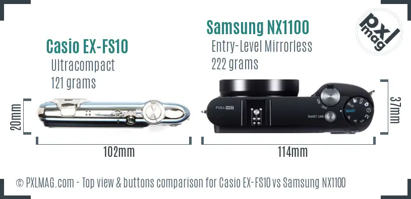 Casio EX-FS10 vs Samsung NX1100 top view buttons comparison