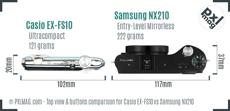 Casio EX-FS10 vs Samsung NX210 top view buttons comparison Casio EX-FS10 vs Samsung NX210 top view buttons comparison