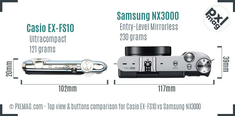 Casio EX-FS10 vs Samsung NX3000 top view buttons comparison