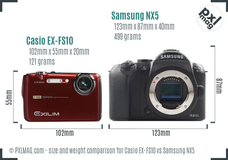 Casio EX-FS10 vs Samsung NX5 size comparison