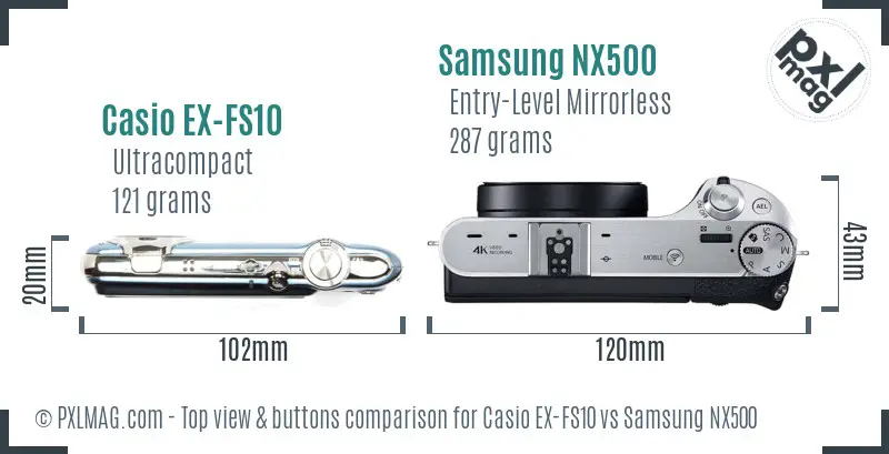 Casio EX-FS10 vs Samsung NX500 top view buttons comparison Casio EX-FS10 vs Samsung NX500 top view buttons comparison