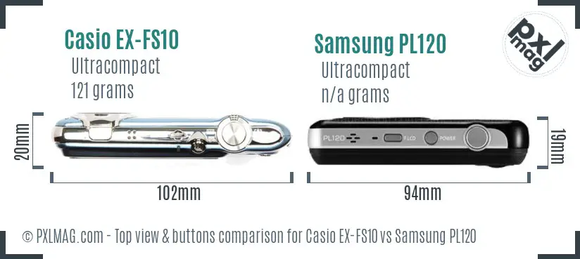 Casio EX-FS10 vs Samsung PL120 top view buttons comparison Casio EX-FS10 vs Samsung PL120 top view buttons comparison