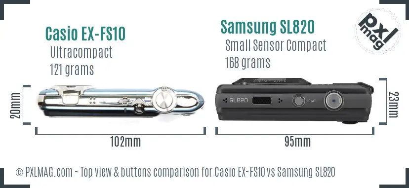 Casio EX-FS10 vs Samsung SL820 top view buttons comparison Casio EX-FS10 vs Samsung SL820 top view buttons comparison