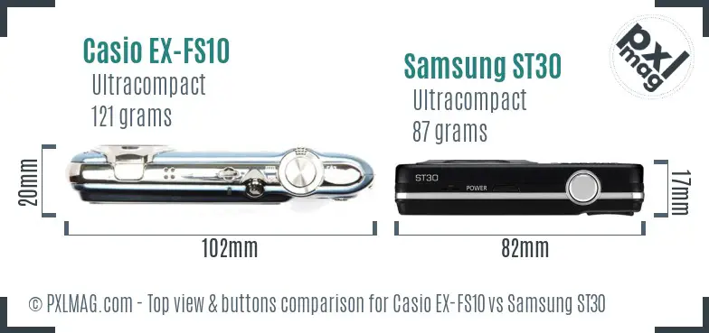 Casio EX-FS10 vs Samsung ST30 top view buttons comparison