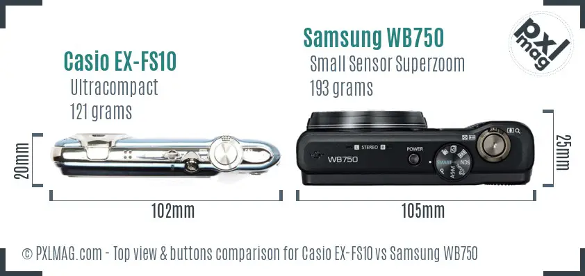 Casio EX-FS10 vs Samsung WB750 top view buttons comparison Casio EX-FS10 vs Samsung WB750 top view buttons comparison