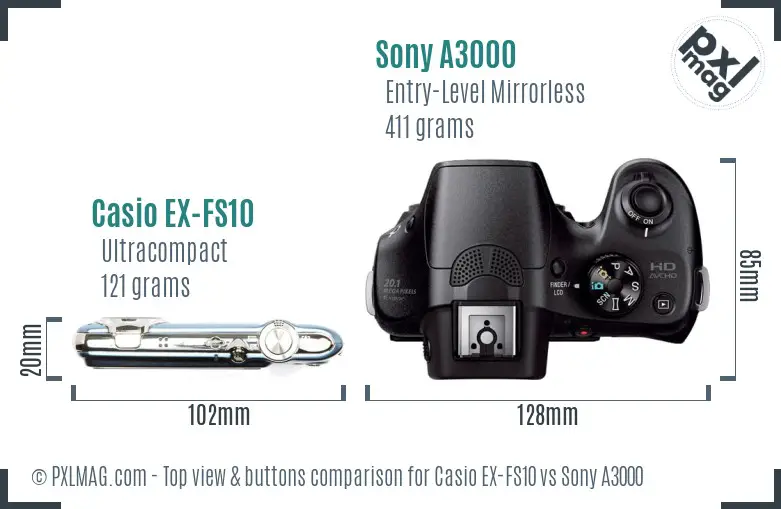 Casio EX-FS10 vs Sony A3000 top view buttons comparison