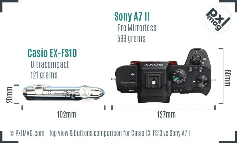 Casio EX-FS10 vs Sony A7 II top view buttons comparison