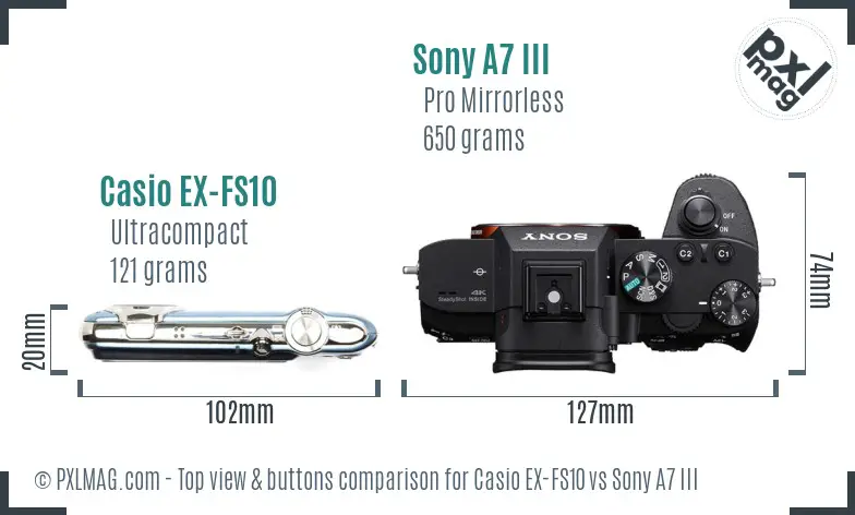 Casio EX-FS10 vs Sony A7 III top view buttons comparison Casio EX-FS10 vs Sony A7 III top view buttons comparison