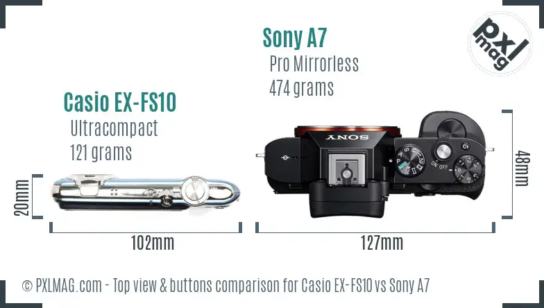 Casio EX-FS10 vs Sony A7 top view buttons comparison