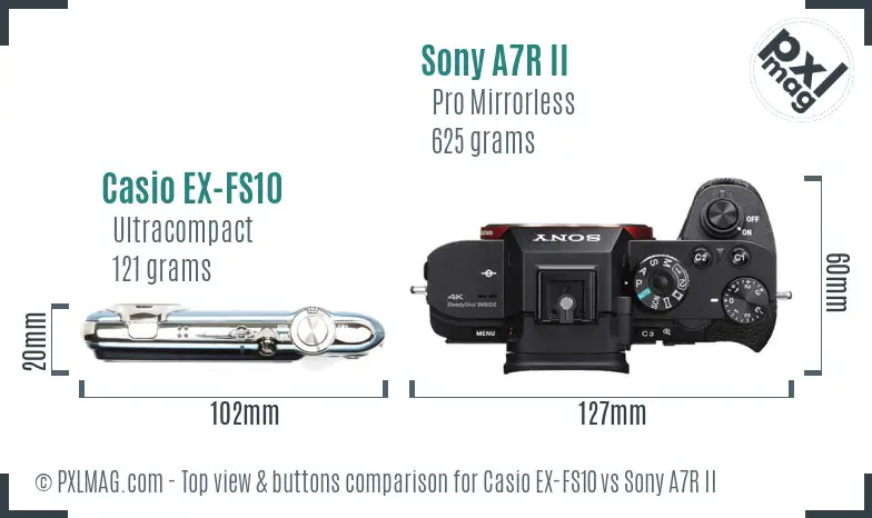 Casio EX-FS10 vs Sony A7R II top view buttons comparison